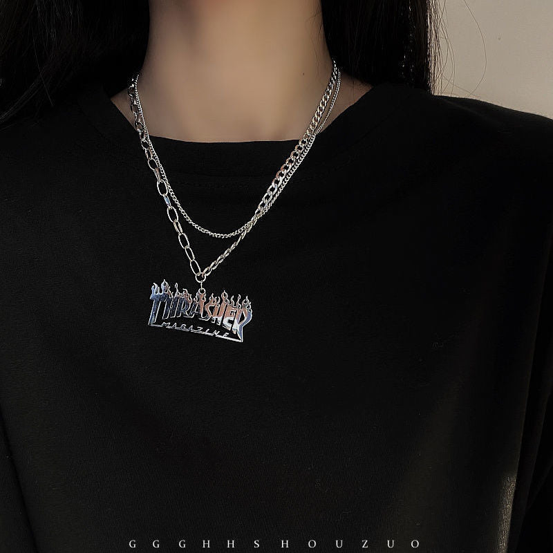 European and American style fashion double-layered love necklace for women splicing cold style women's hip-hop long sweater sweater chain ins trend