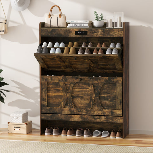 VFF Deodorizing Shoe Storage Cabinet With 2 Flip Drawers,LED Touchsreen Freestanding Black