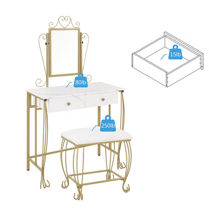 Vanity Table Set With Mirror Stool,White Makeup Dressing Desk With Drawers For Girls,Women,Bedroom,Gift