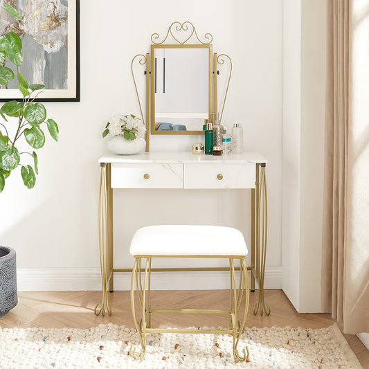 Vanity Table Set With Mirror Stool,White Makeup Dressing Desk With Drawers For Girls,Women,Bedroom,Gift