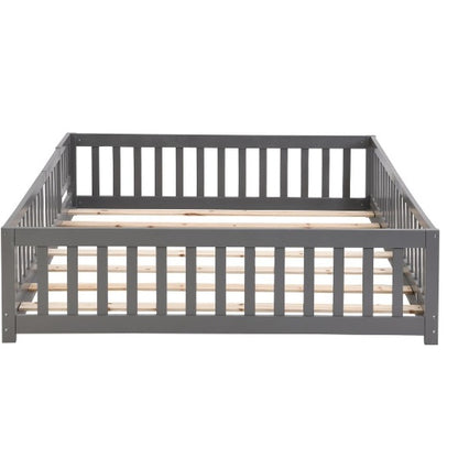 Full Size Floor Bed With Door,Solid Wood Platform Bed Frame With Fence,Suitable For Children,Pine Wood