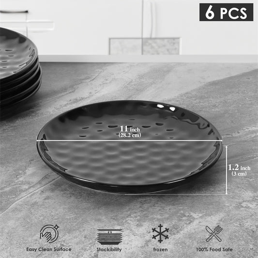 11 Inch Ceramic Plate Black Noble  Elegant Hammered  6-piece Set  For  Parties Family Dinners