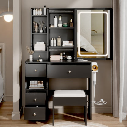 Small Space Left Drawer Desktop Vanity Table Cushioned Stool,  Power Station, Hair Dryer Bracket