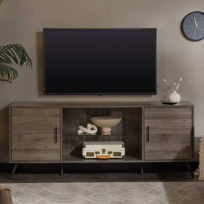 Mid-Century Modern 2-Door TV Stand For TVs With Glass Shelf - Dark Walnut