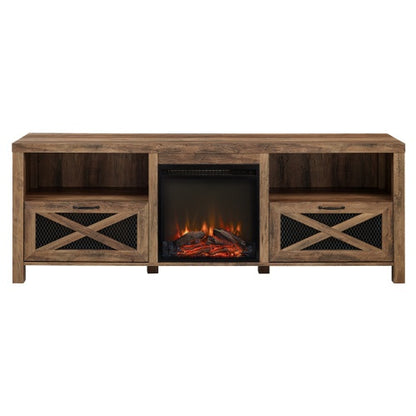 Industrial Farmhouse Metal Mesh Drop-Down X-Door Fireplace TV Stand For TVs - Rustic Oak