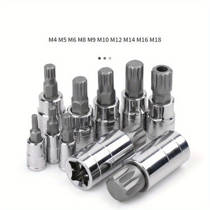 10PC XZN Triple Square 12 Point Spline Bit Socket Set 4MM 18MM   With Enhanced Storage Case, 12 Point Multi Spline, No Assembly Required