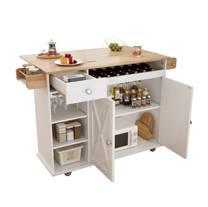 Kitchen Island Trolley With Solid Wood Top, Wine Storage, Spice Rack, Towel Rack, Wine Glass Holder