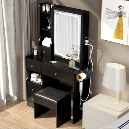 Small Space Left Drawer Desktop Vanity Table Cushioned Stool,  Power Station, Hair Dryer Bracket