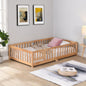 Full Size Floor Bed With Door,Solid Wood Platform Bed Frame With Fence,Suitable For Children,Pine Wood